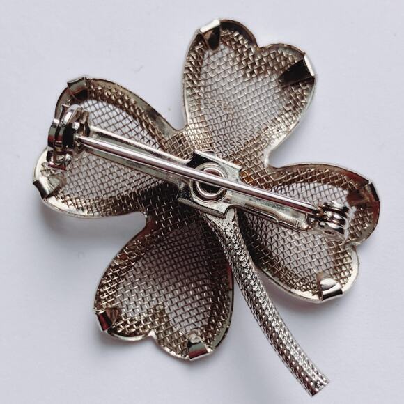 VTG Mid Century Brooch Mesh Clover Blue Rhinestone Silver Tone Pin - Picture 9 of 9